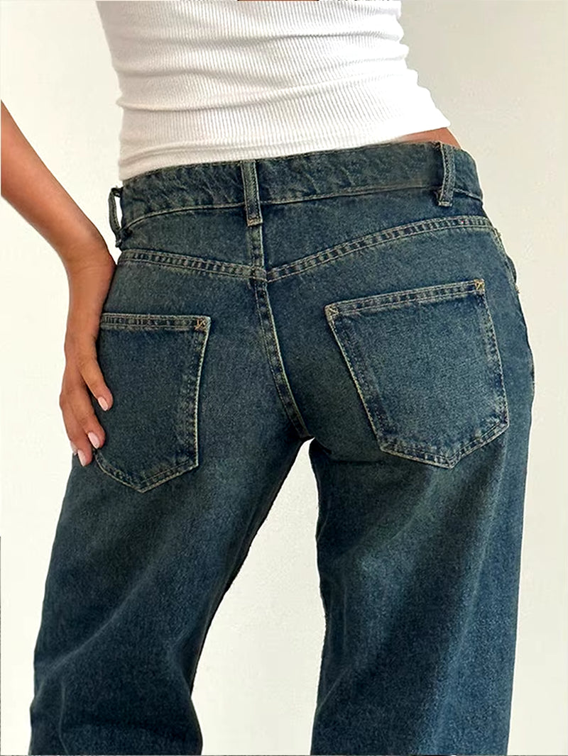 Women Vintage Aesthetic Y2K Low Rise Baggy Jeans Loose Fit Boyfriend Straight Wide Leg Jeans Trendy Stretch Long Denim Pants