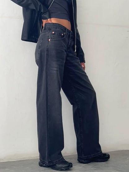 Women Vintage Aesthetic Y2K Low Rise Baggy Jeans Loose Fit Boyfriend Straight Wide Leg Jeans Trendy Stretch Long Denim Pants