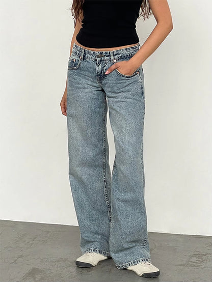 Women Vintage Aesthetic Y2K Low Rise Baggy Jeans Loose Fit Boyfriend Straight Wide Leg Jeans Trendy Stretch Long Denim Pants