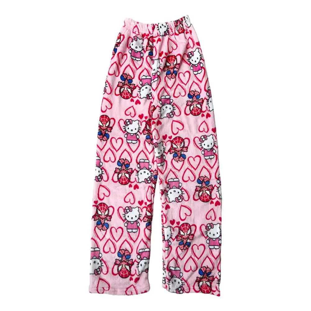 2024 New Spider Man Sleeping Pants Anime Hello Kitty Pajama Pants Flannel Soft Casual Pants Cartoon Home Trousers Couple Gifts