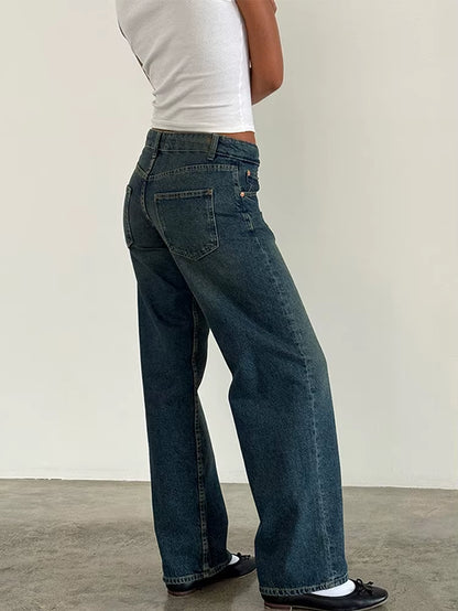 Women Vintage Aesthetic Y2K Low Rise Baggy Jeans Loose Fit Boyfriend Straight Wide Leg Jeans Trendy Stretch Long Denim Pants