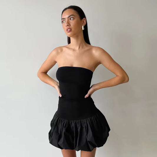 Contrast Color Mini Folds Dress for Women Strapless Sexy Slim Sleeveless Ruched Splice Y2K Beach Female Club Party Dress