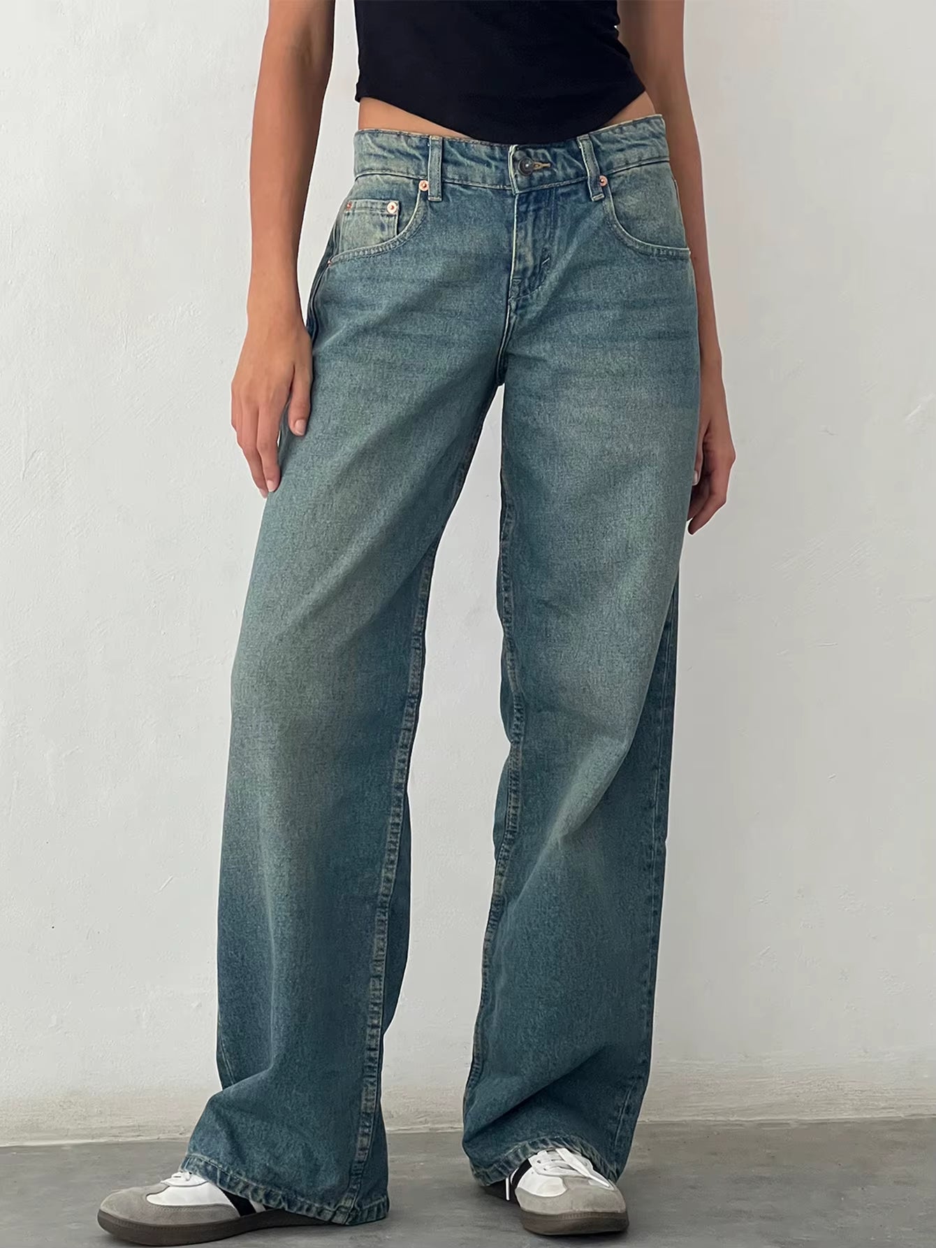 Women Vintage Aesthetic Y2K Low Rise Baggy Jeans Loose Fit Boyfriend Straight Wide Leg Jeans Trendy Stretch Long Denim Pants