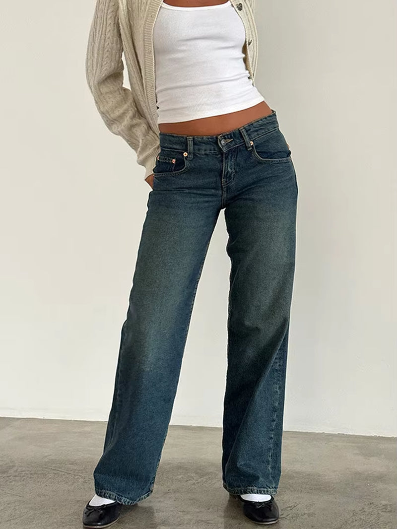 Women Vintage Aesthetic Y2K Low Rise Baggy Jeans Loose Fit Boyfriend Straight Wide Leg Jeans Trendy Stretch Long Denim Pants