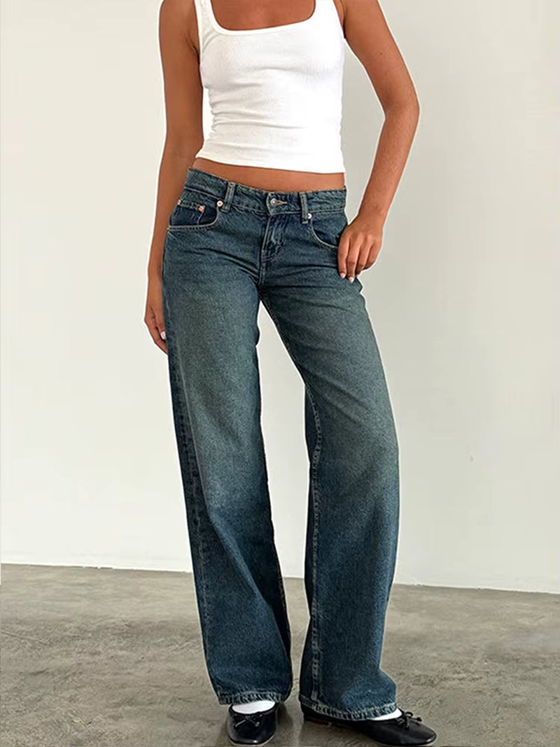 Women Vintage Aesthetic Y2K Low Rise Baggy Jeans Loose Fit Boyfriend Straight Wide Leg Jeans Trendy Stretch Long Denim Pants